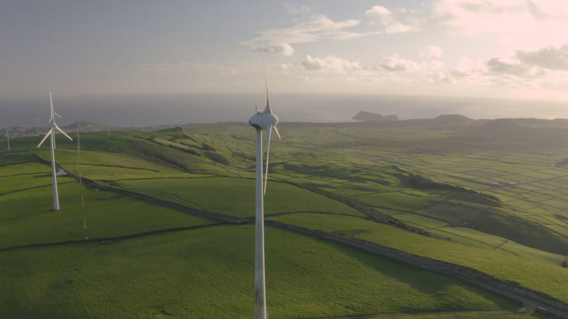 Aerial view of the wind turbine on the beautiful Terceira.