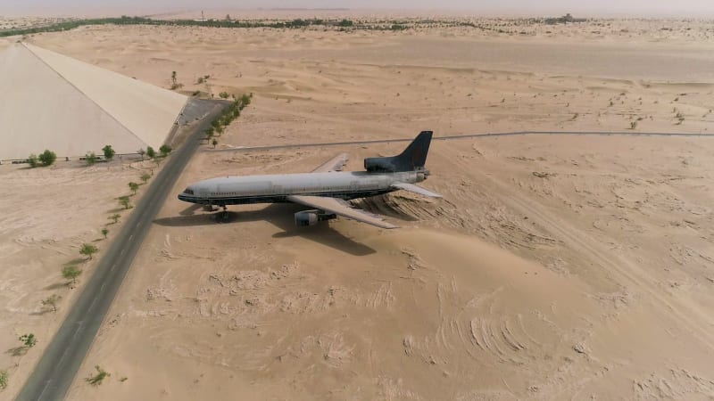 Aerial view of museum airplane on desert landscape