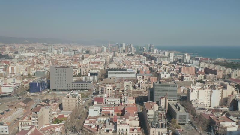 Barcelona Wide Drone Shot of City Towards Skyline Cityscape