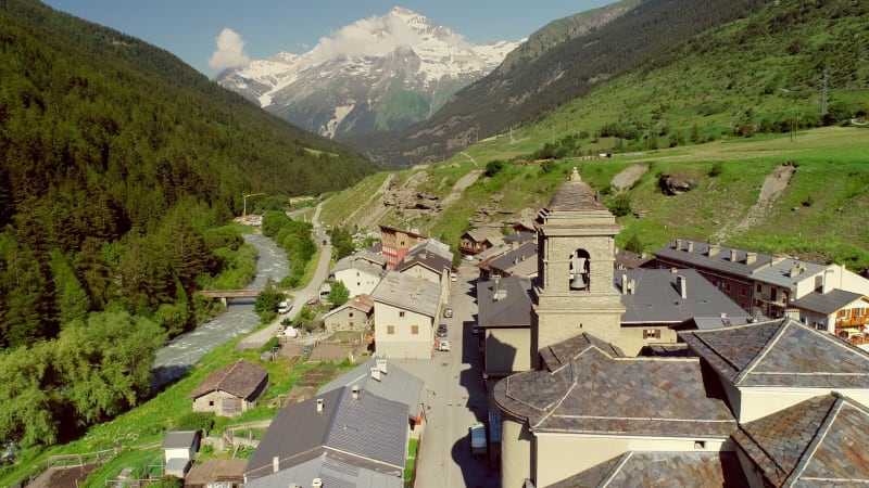 Aerial view of Lanslebourg village and snow peak mountain.