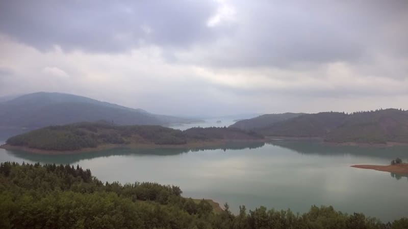 Aerial view of the beautiful Plastiras Lake on a cloudy day.