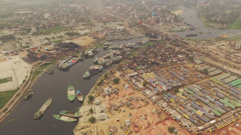 Aerial View of a brick factory along the river near a quarry, Dhaka, Bangladesh.