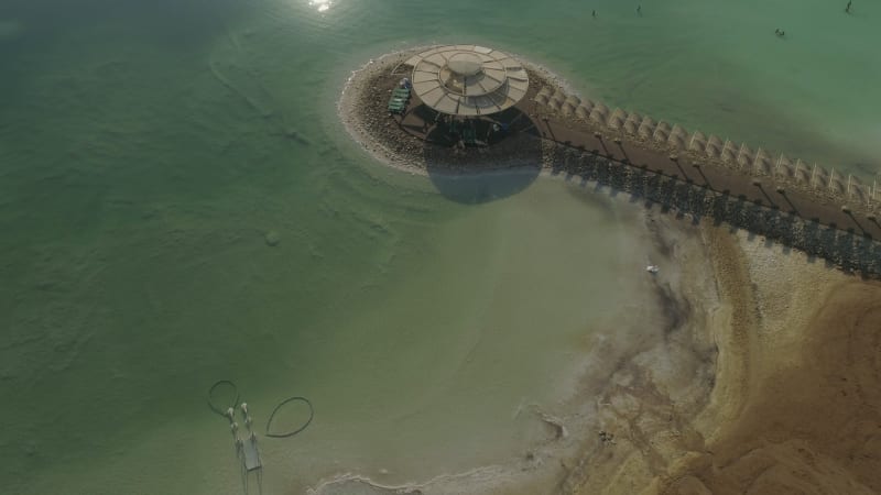 Aerial view of a gazebo and salt water. The Dead sea, Negev, Israel.