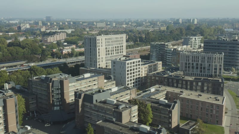 Aerial View of Office Buildings and Train Station in Diemen Zuid, Netherlands.