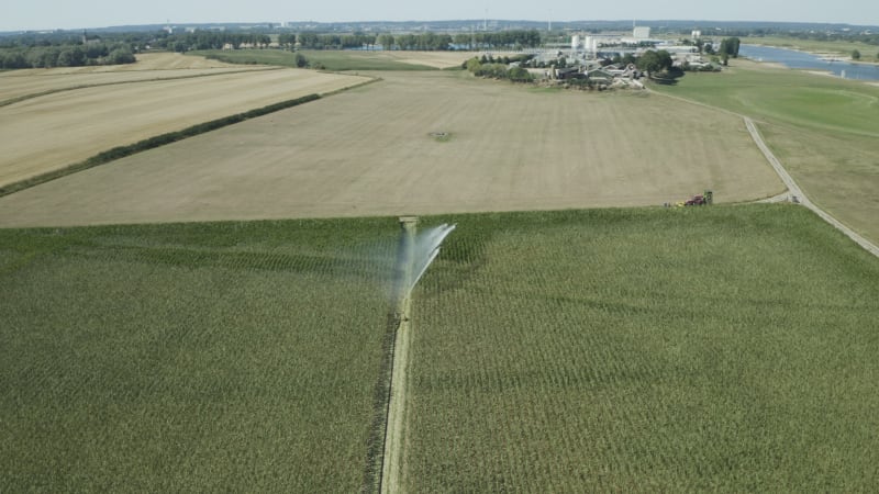 Corn feelds being sprayed with water during drought, august 2022