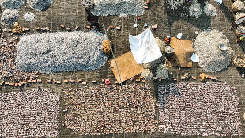 Aerial View of people working in a market in Ashuganj, Brahmanbaria, Bangladesh.