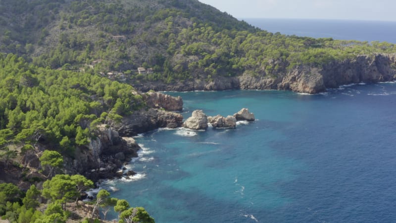 Over Beautiful Coast Line of Tropical Island Mallorca, Spain with ocean and Blue water in Summer,Daylight Vacation, Travel, Sunny, Waves