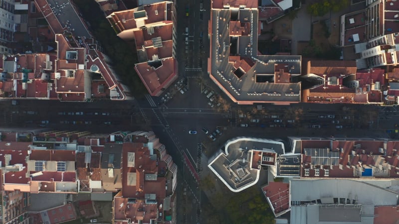 Overhead Drone Shot of Typical City Blocks Intersection in Barcelona, Spain in beautiful Sunlight