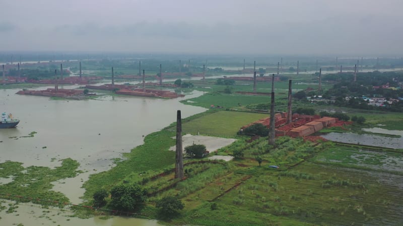 Aerial View of brick factories in Dhaka, Bangladesh.