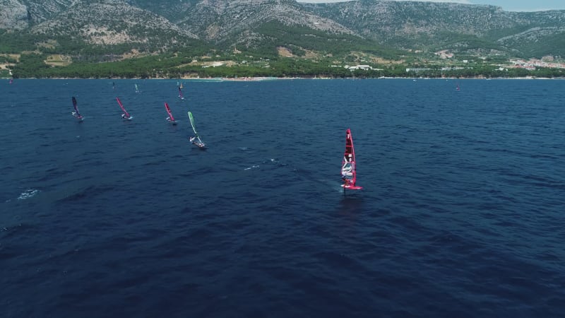 Aerial view of windsurfers during the PWA world cup, Brac, Croatia.