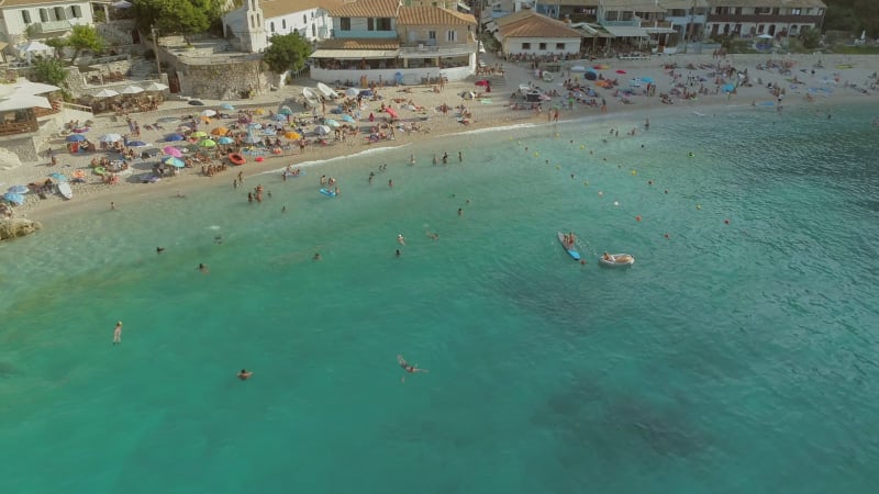 Aerial view of isolated rock formation next to beach, Lefkada.