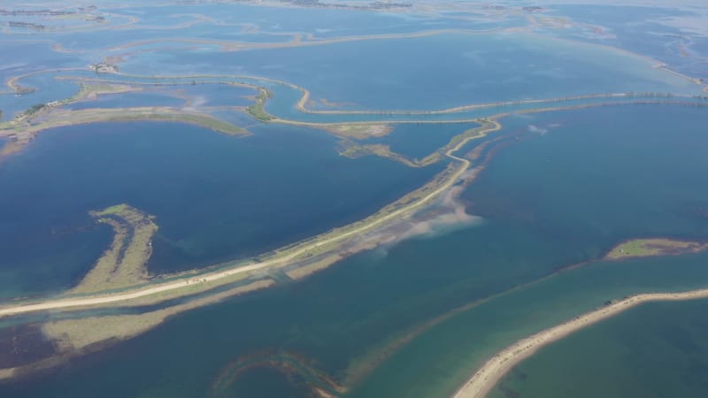 Aerial view of a flooded area with lagoon in Chatmohar, Bangladesh.