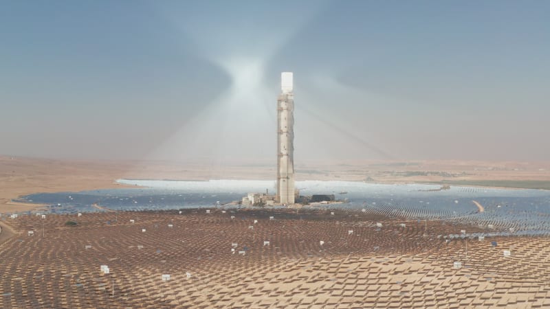 Aerial view of a Solar power tower and mirrors.