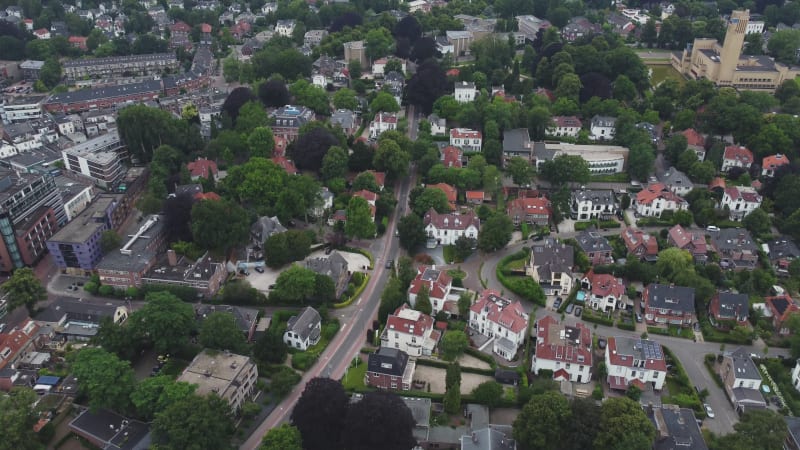 Wide view across Hilversum city center and upmarket houses in Netherlands.