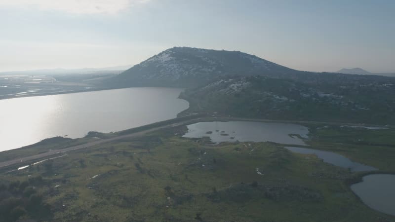 Aerial view of a beautiful landscape with lake, Golan Heights, Israel.