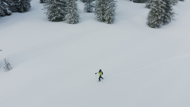 Aerial view of a woman doing cross country skiing, Onnion, France.