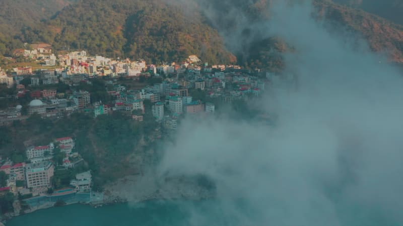 Aerial view of a township in fog, Bihar, india.