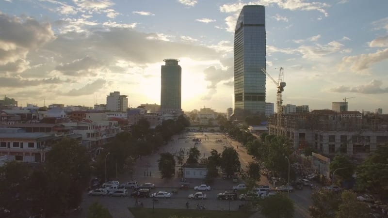 Aerial view of Vattanac Capital tower during the sunset.