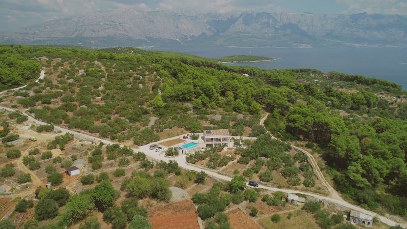 Aerial view of villa with swimming pool, Sumartin.