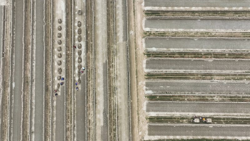 Aerial View of a brick factory near Keraniganj, Bangladesh.