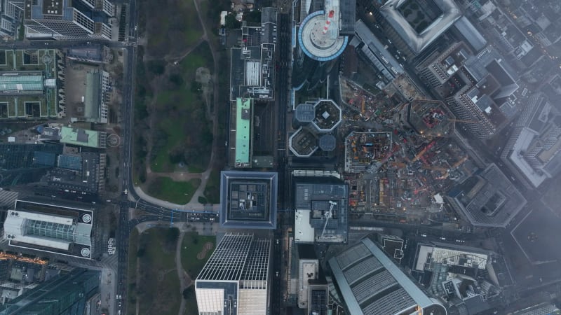 Overhead top shot of downtown skyscrapers in financial and economic borough. Clouds above Skyline Skyscrapers in Frankfurt am Main, Germany