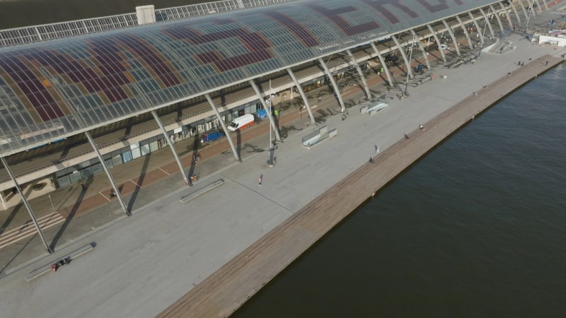 Overhead View of Cyclist and Pedestrians near Amsterdam Central Station