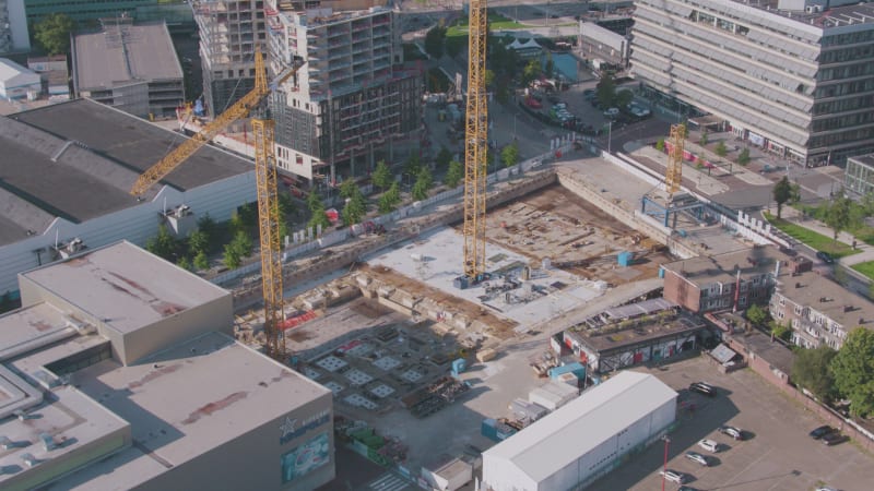 Perspective View of Cranes in Downtown Utrecht, the Netherlands.