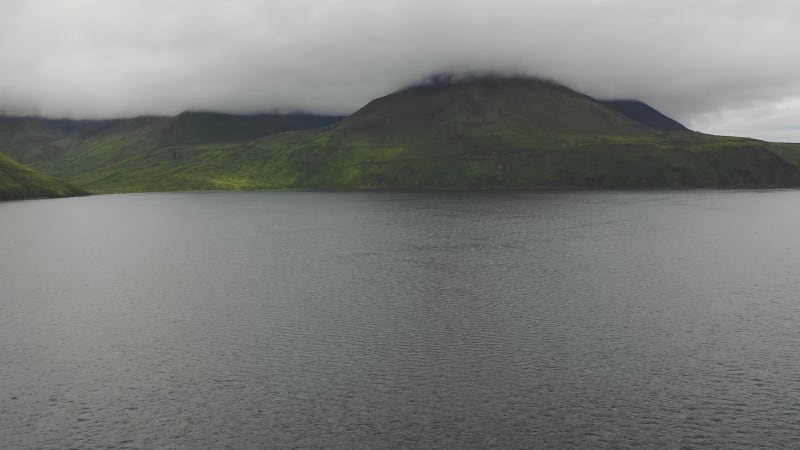 Aerial view of Unalaska Bay with fog, Alaska, United States.