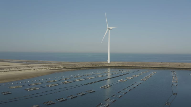 Aerial view of mussel farm in front of the wind turbine by the sea