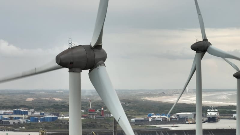Aerial shot of windturbines at Wijk Aan Zee beach