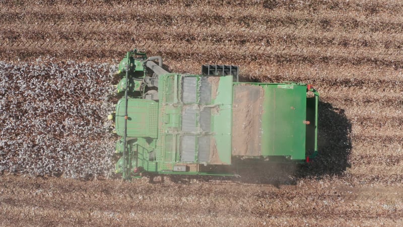 Top down aerial footage of a Large Cotton picker harvesting a field.