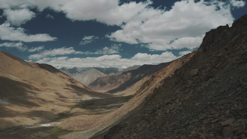 Aerial view of mountain landscape in Ladakh region, India.
