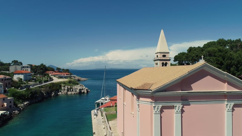 Aerial view of SV. Antuna catholic church at Veli Losinj bay.