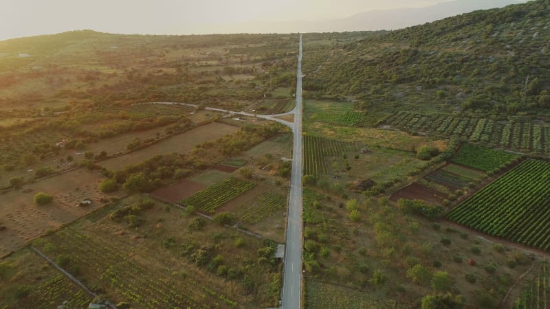 Aerial view of long road in Nerezisca dalmatian village, Brac Island.