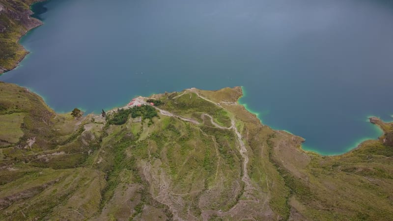 Aerial view of Quilotoa volcano crater and lake.