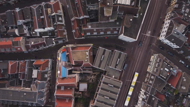 Drone panning topdown city center Utrecht, Netherlands