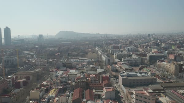 Barcelona Wide Drone of Hazy Cityscape
