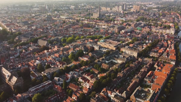 Buildings in a residential area of Leiden, South Holland, Netherlands.