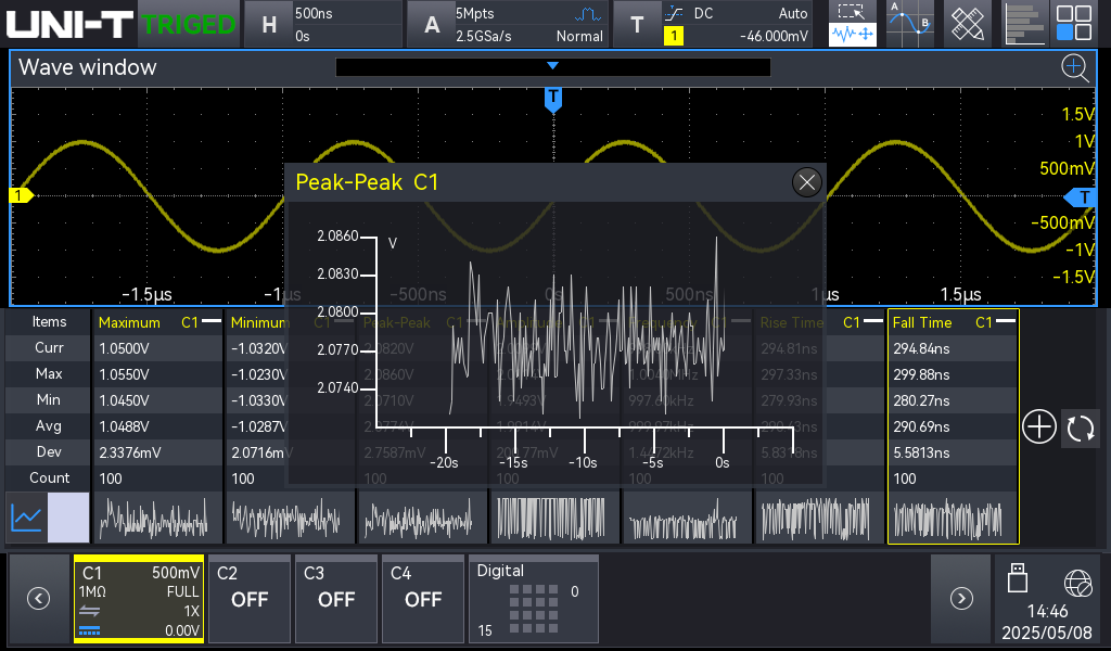 56 automated measurement parameters with statistics on screen