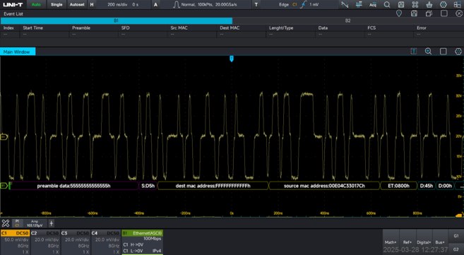 MSO8804HD multi-protocol serial bus analysis with packet decoding and event list