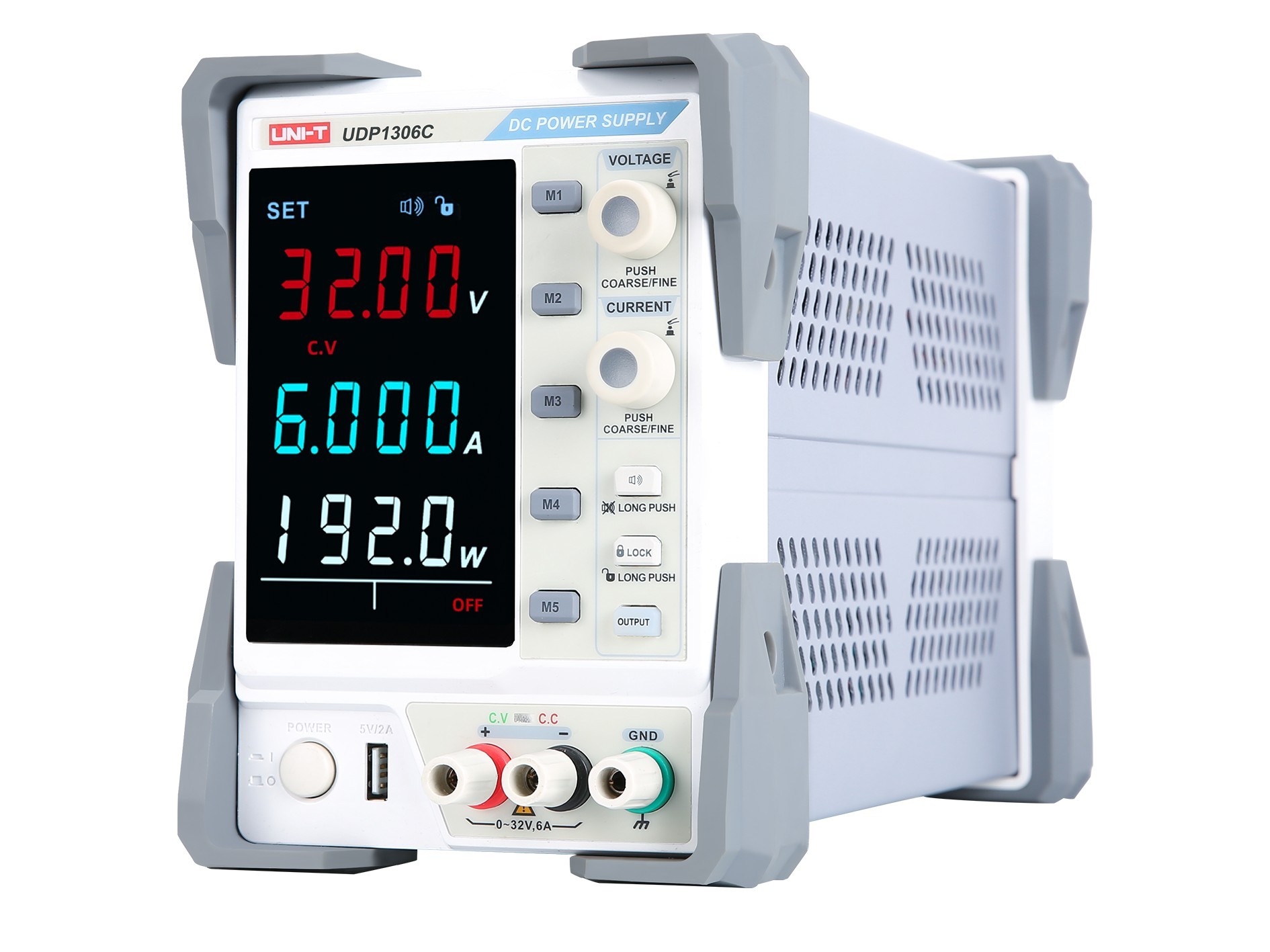 UDP1306C front-panel three-window display showing voltage and current readout