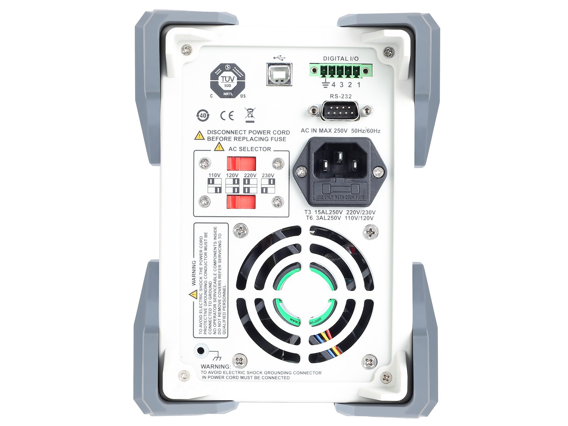 UDP1306C front panel detail showing main channel terminals and USB-A charging port
