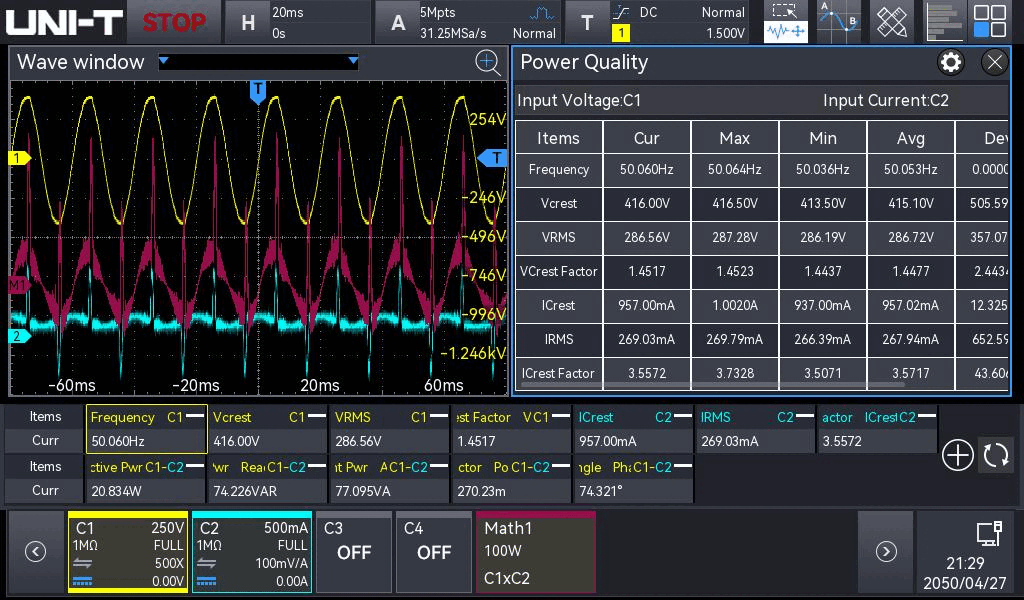 Built-in power analysis cycling through ripple, SOA, harmonics, and switching loss measurements