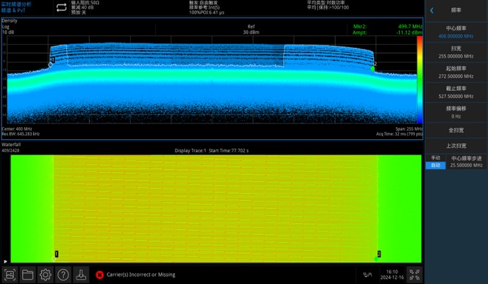 UTS7000A real-time bandwidth display showing modulated signal capture