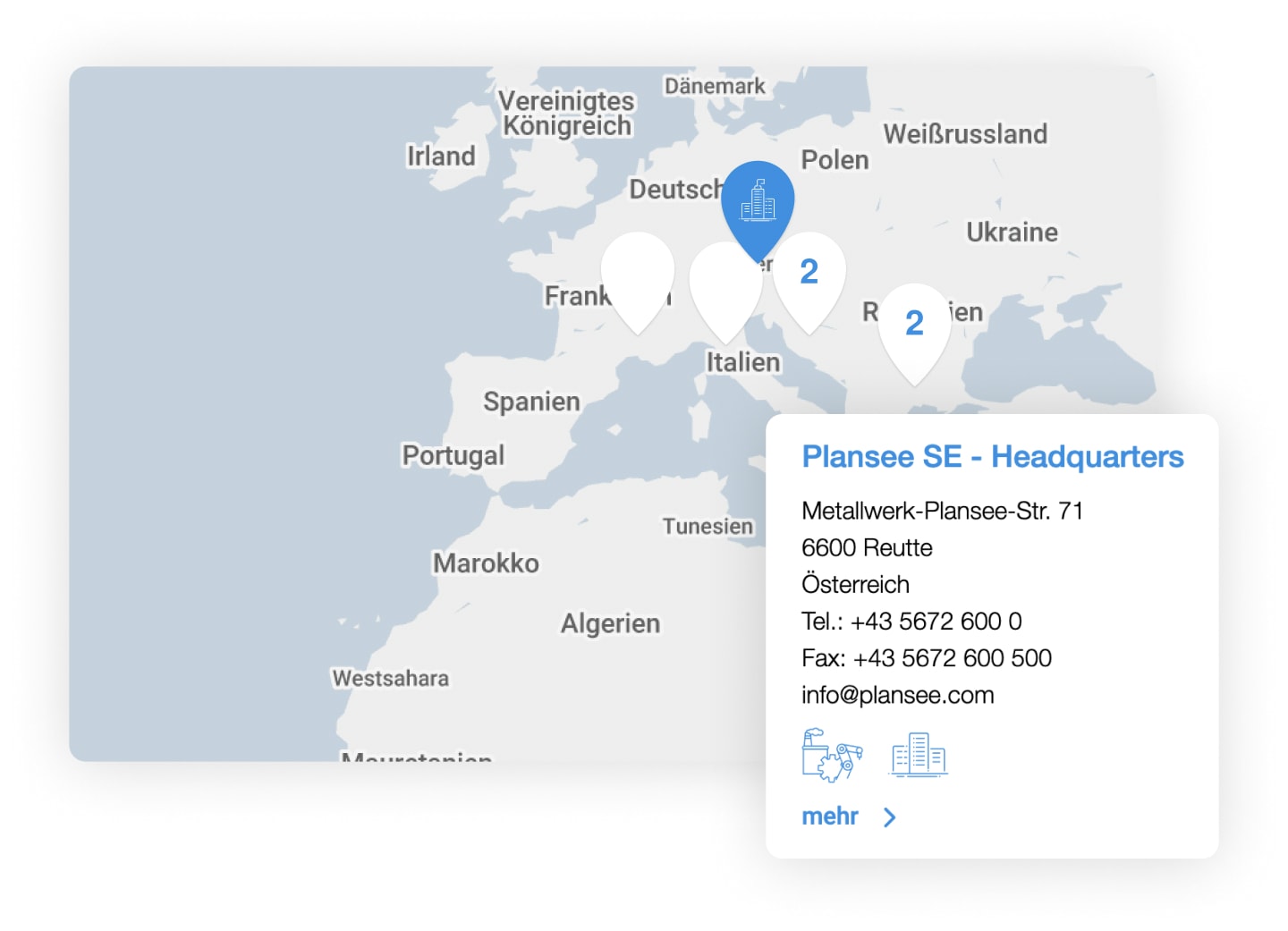Screenshot Standortübersicht von www.plansee.com
