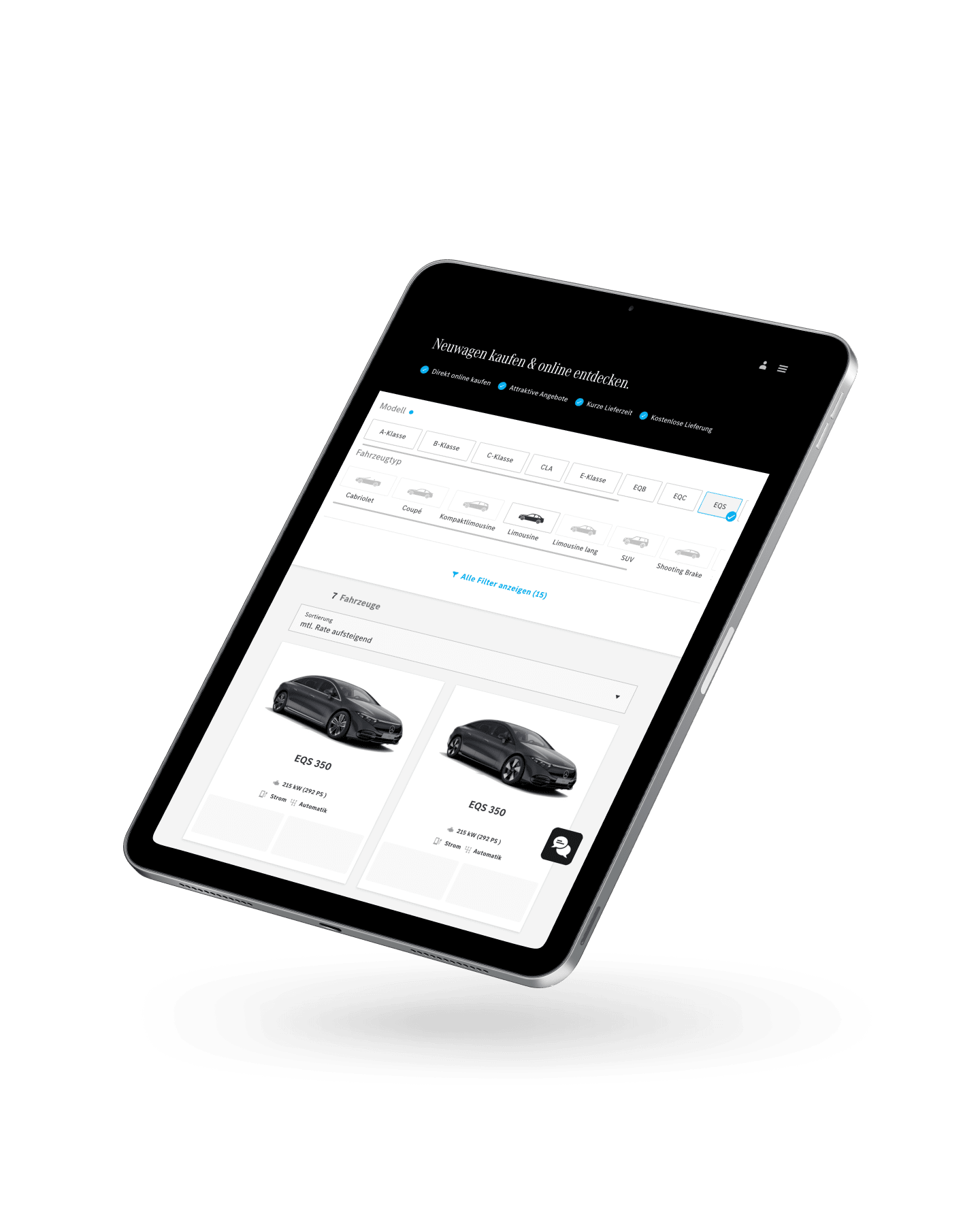 Das Bild zeigt ein Auto, das auf einem Tablet dargestellt wird, um seine Eigenschaften und Spezifikationen zu veranschaulichen.