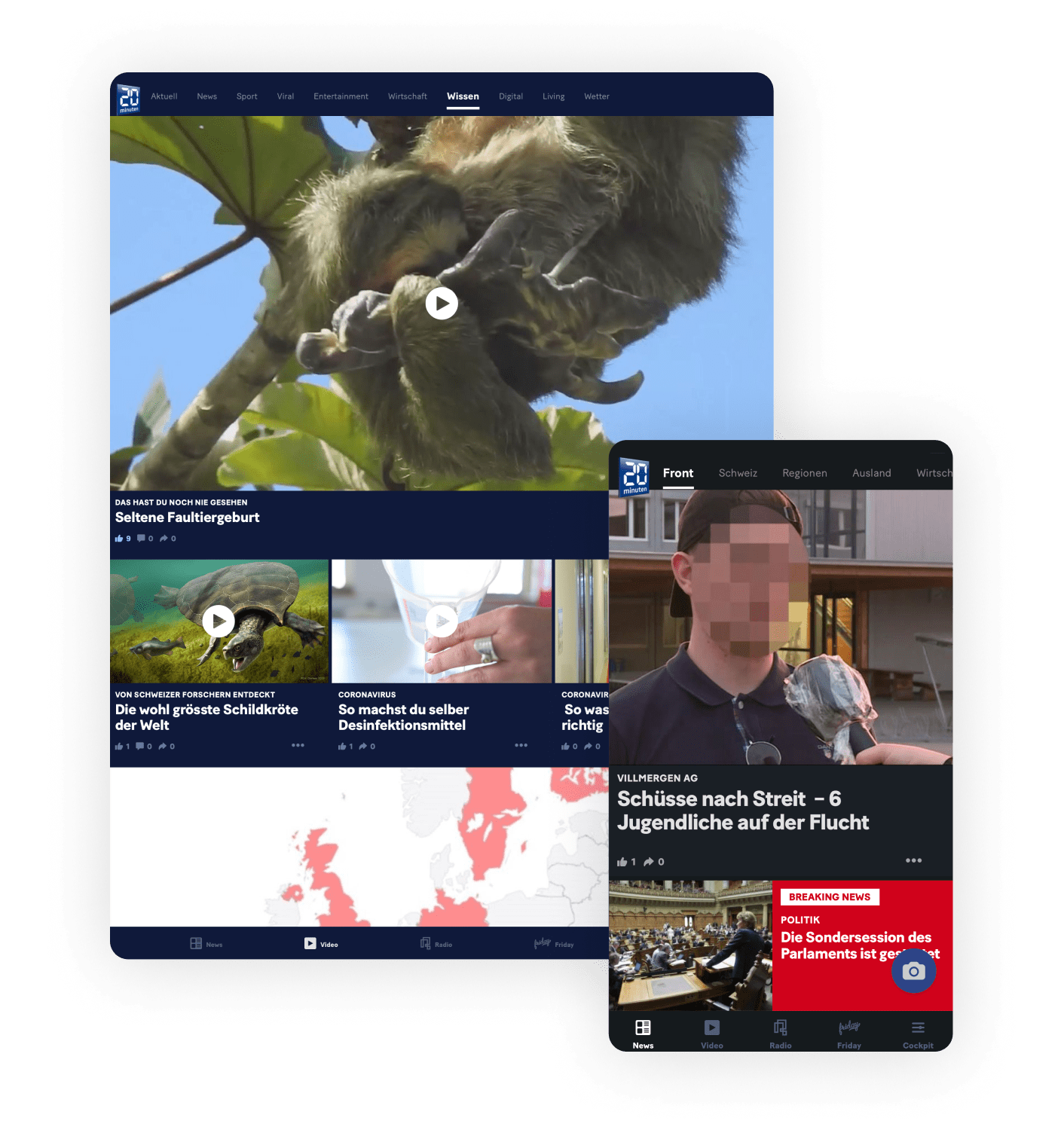 Inspirationen, wie Beiträge auf der App 20MinutenOnline.ch angezeigt werden.