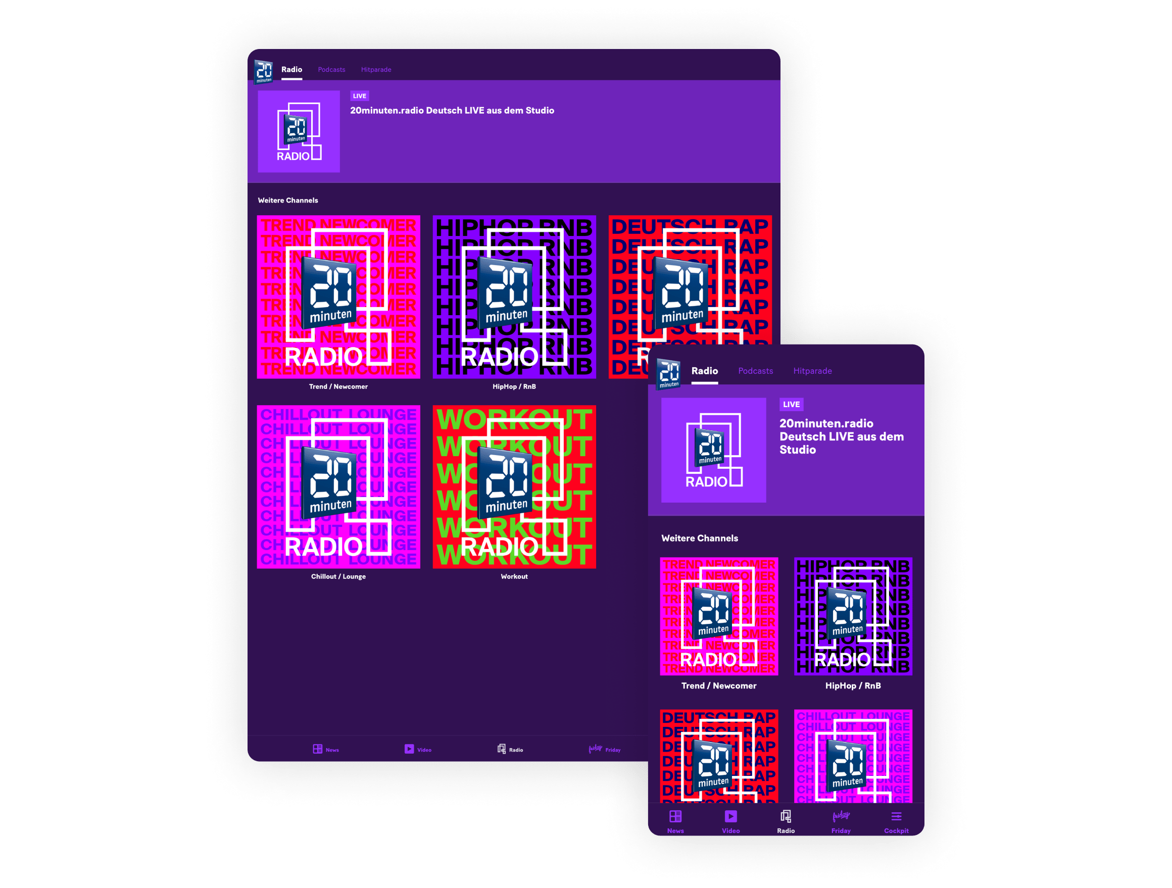 Bild zeigt Screen von der App 20minutenradio mit Live-News aus Rubriken wie Sport, Schweiz und Wirtschaft sowie eine Videosammlung, Live-TV, Radio und Podcasts.