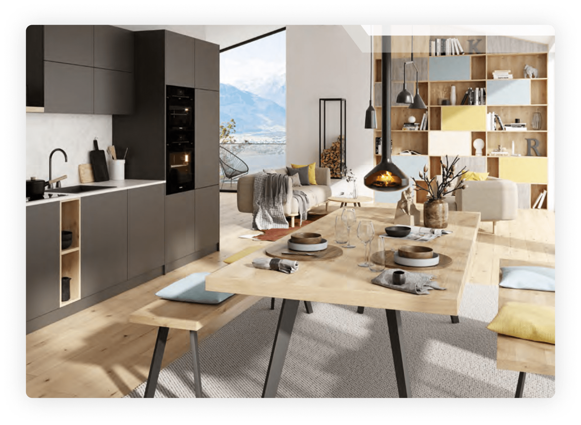 Bild zeigt gedeckter Tisch in Wohnküche mit Baumaterialien von Swiss Krono