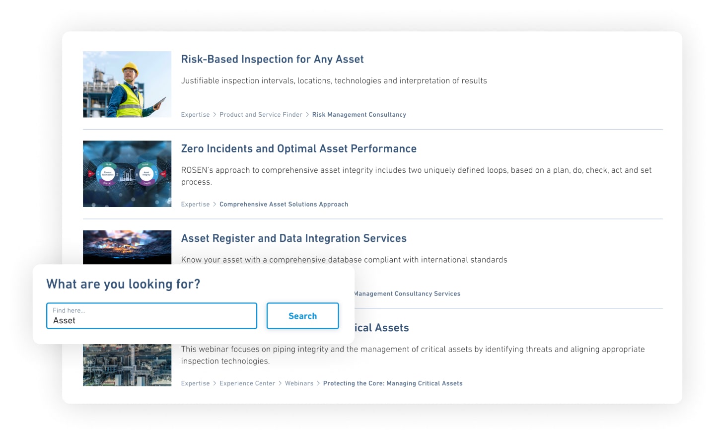 Bild zeigt Suche auf der ROSEN Website
